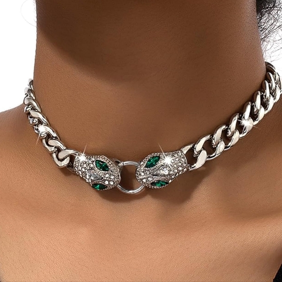 Macy's Silver-Tone Chain Choker with Green Crystal Snake Heads - Picture 2 of 4